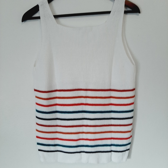 White V-Neck Sleeveless Knit Sweater with Colorful Stripes - Picture 7 of 10
